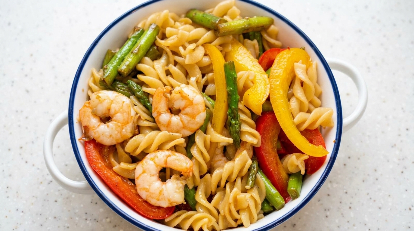Pâtes sautées faciles aux crevettes et légumes