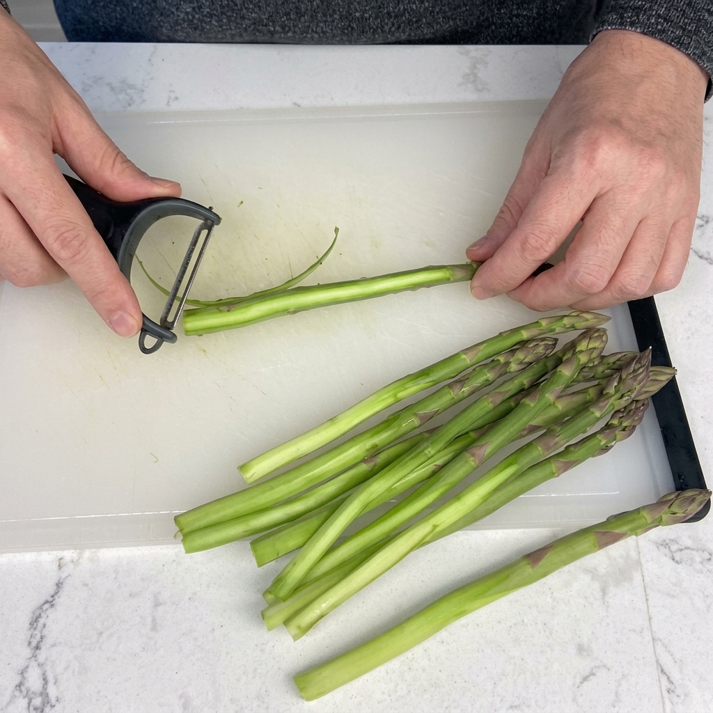 Tiges dasperges épluchées avec un économe sur une planche à découper blanche.