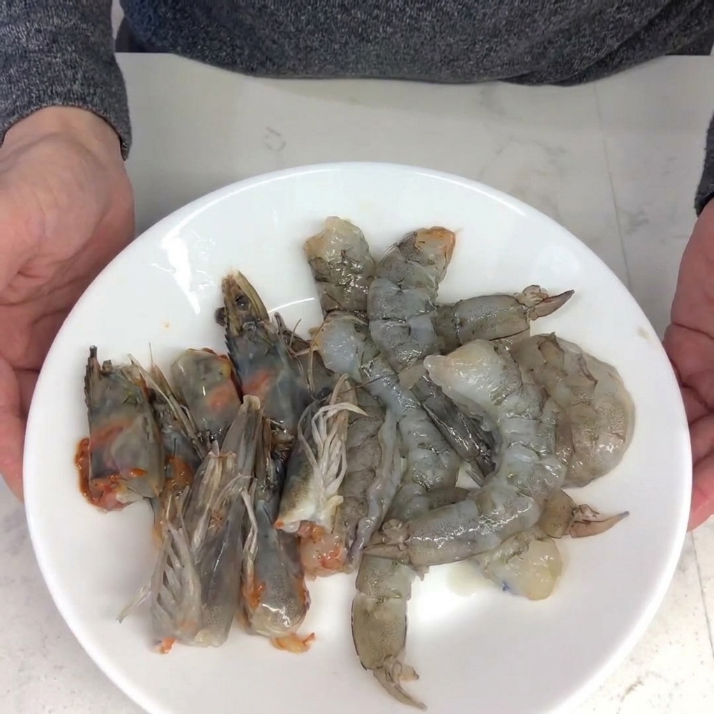 Crevettes fraîches en cours de décorticage sur une assiette.