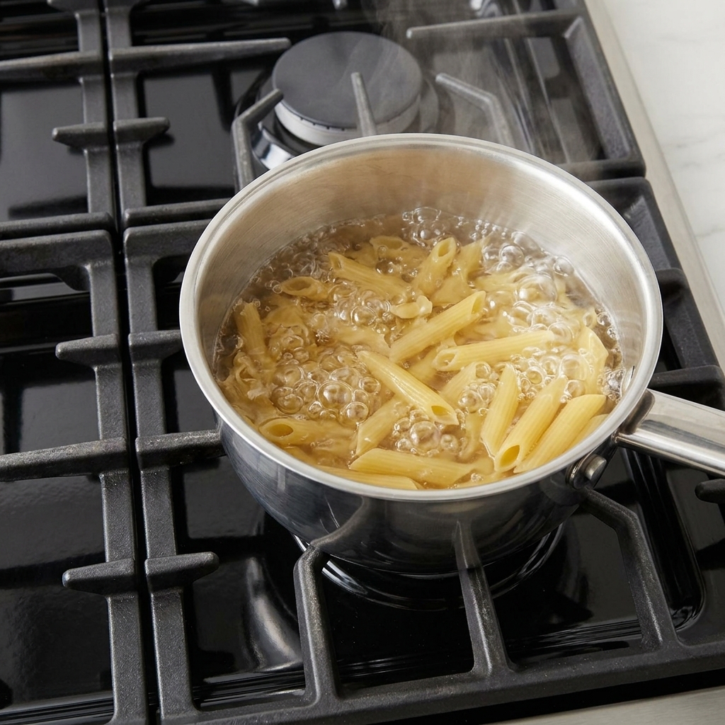 Rigatoni versés dans une grande casserole deau bouillante salée.