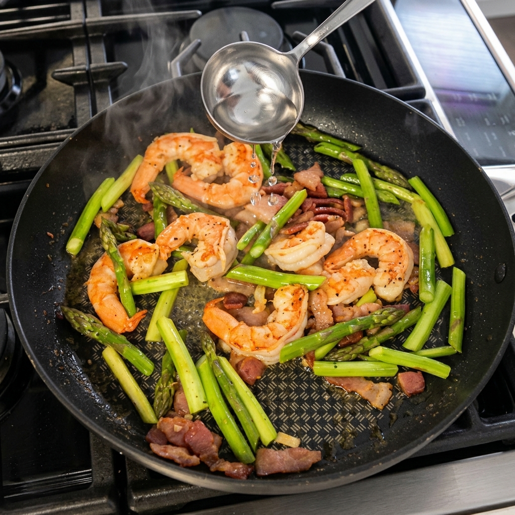 Louchée deau de cuisson versée dans la poêle.