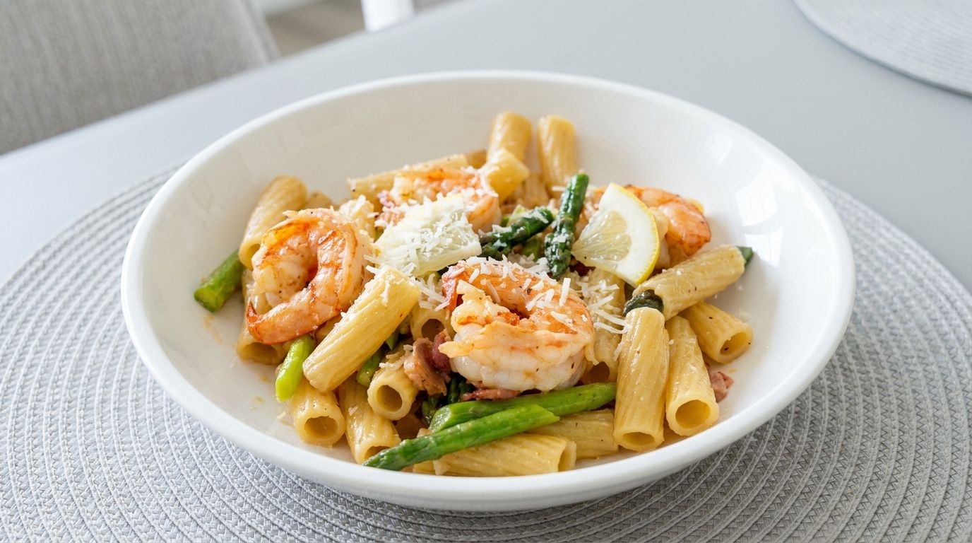 Rigatoni aux crevettes et asperges