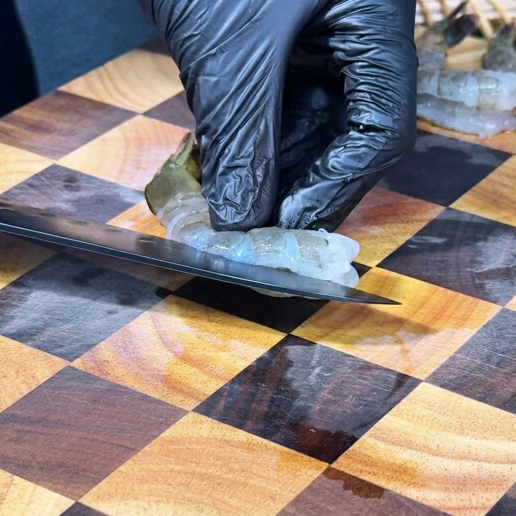 Une personne portant des gants noirs utilise un couteau de chef pour déveiner une crevette crue sur une planche à découper en bois.