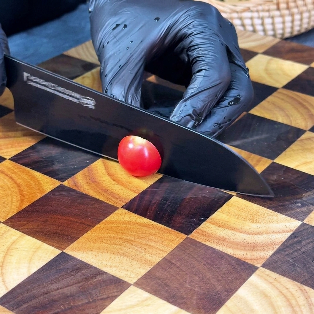 Un couteau noir tranchant coupe une tomate cerise rouge en deux sur une planche à découper.