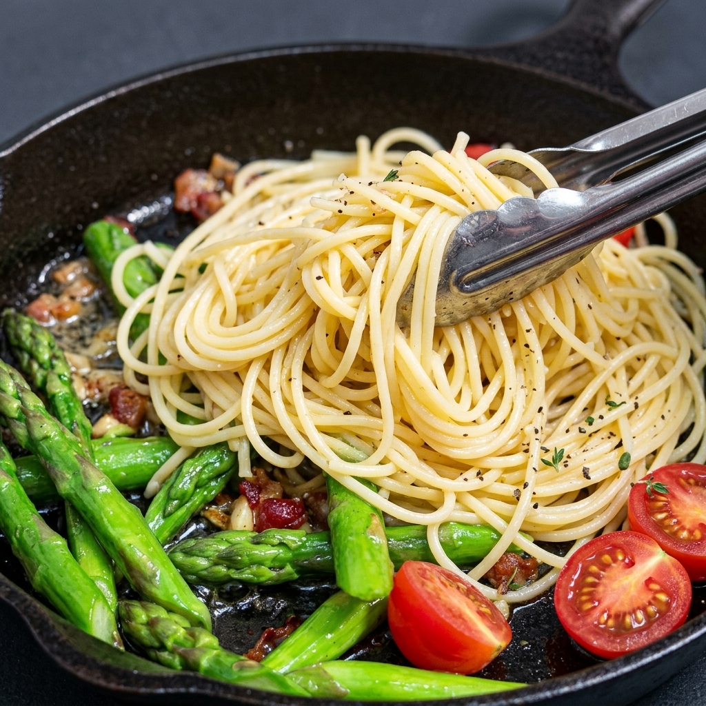 Des pâtes cuites ajoutées dans une poêle remplie de légumes sautés, prêtes à être mélangées.