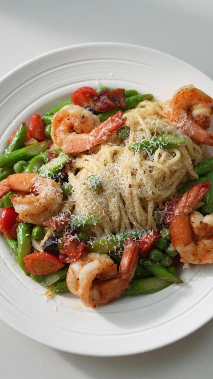 Une assiette de pâtes crémeuses garnie de crevettes grillées, dasperges fraîches, de tomates cerises et de petits pois, saupoudrée de Parmesan.