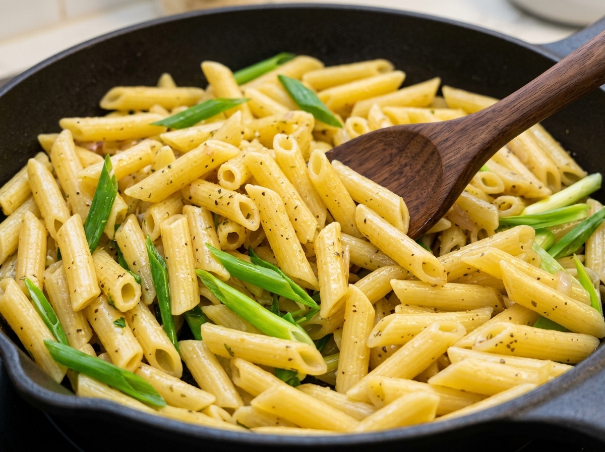 Des pennes sautées avec la sauce au poivre et les pousses vertes dans une poêle en fonte avec une spatule en bois.