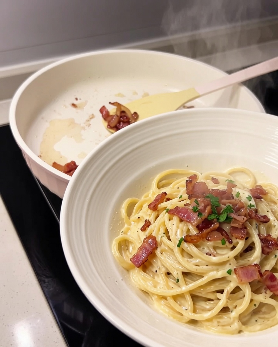 Morceaux de guanciale croustillants retirés de la poêle vers un petit bol.