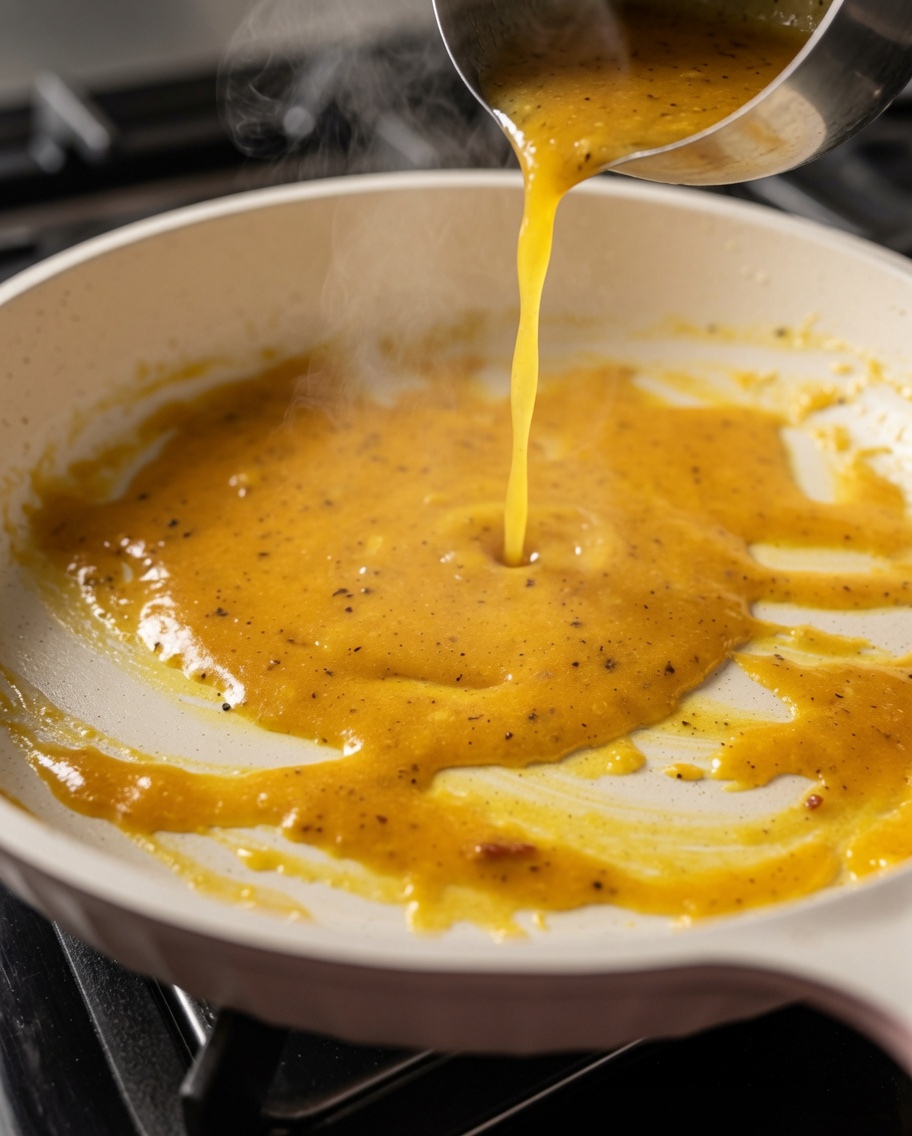 Eau de cuisson des pâtes versée dans la poêle pour affiner la sauce.