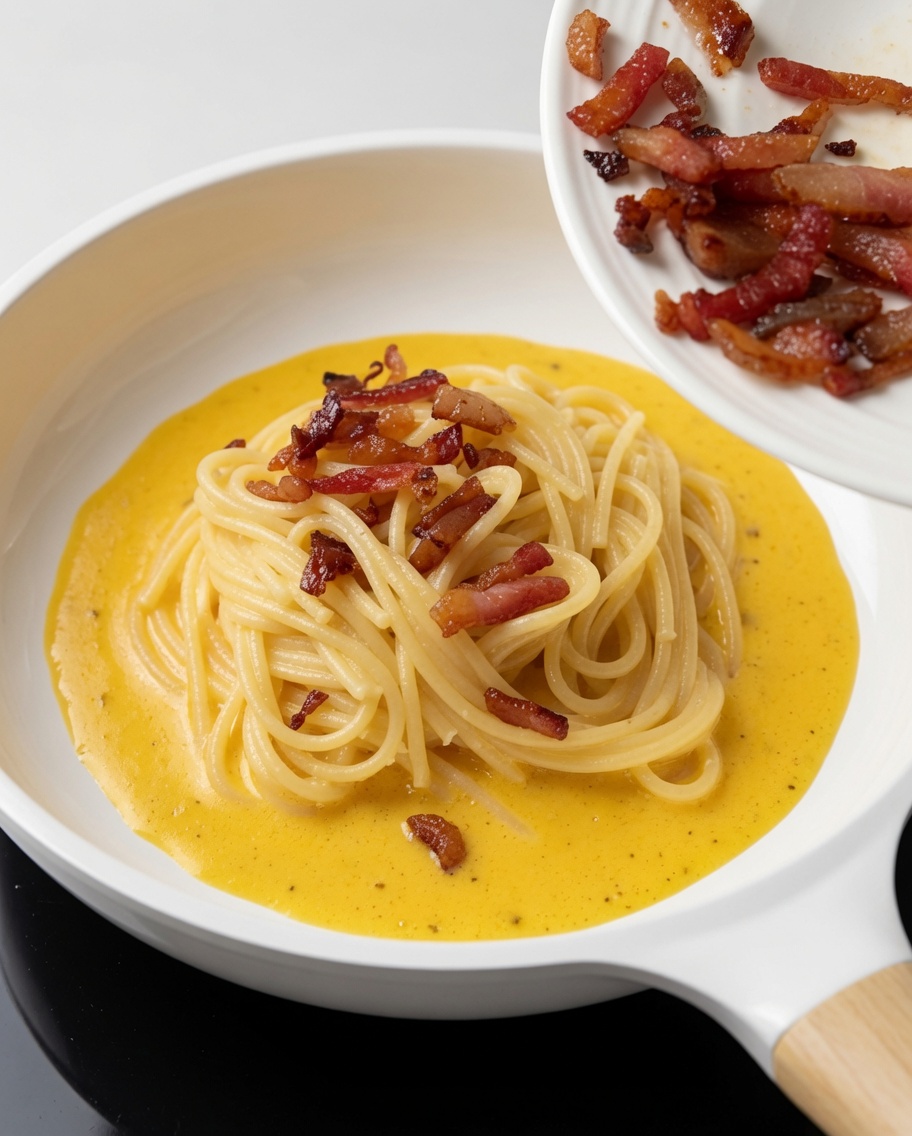 Morceaux de guanciale croustillants ajoutés sur les spaghetti et la sauce.
