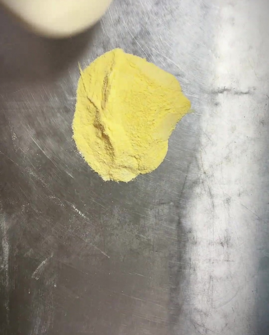 Pâte à pizza pressée dans un moule rond avec une couche de semoule de maïs en dessous.