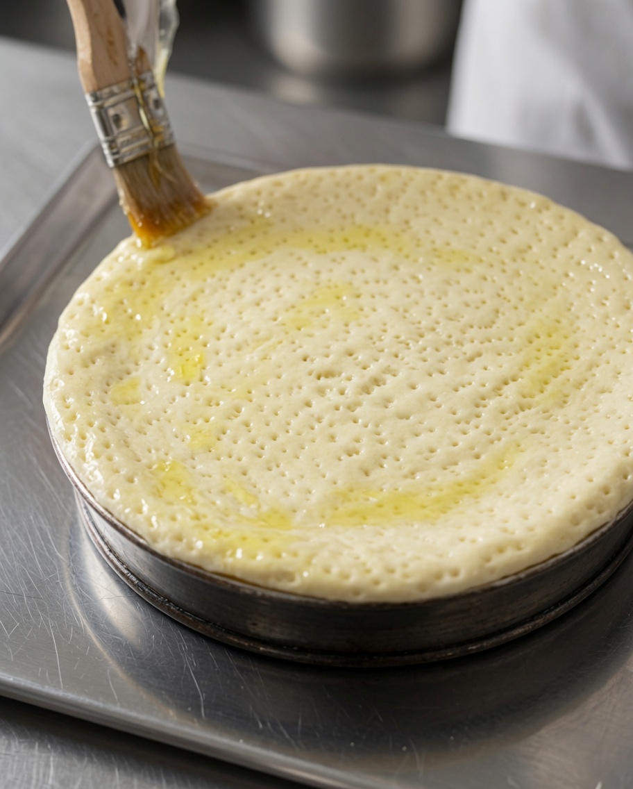 Huile dolive appliquée au pinceau sur la surface de la pâte à pizza.