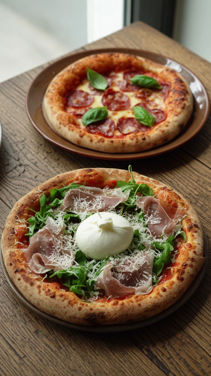 Pizzas artisanales maison : Prosciutto, Burrata et Salami au basilic