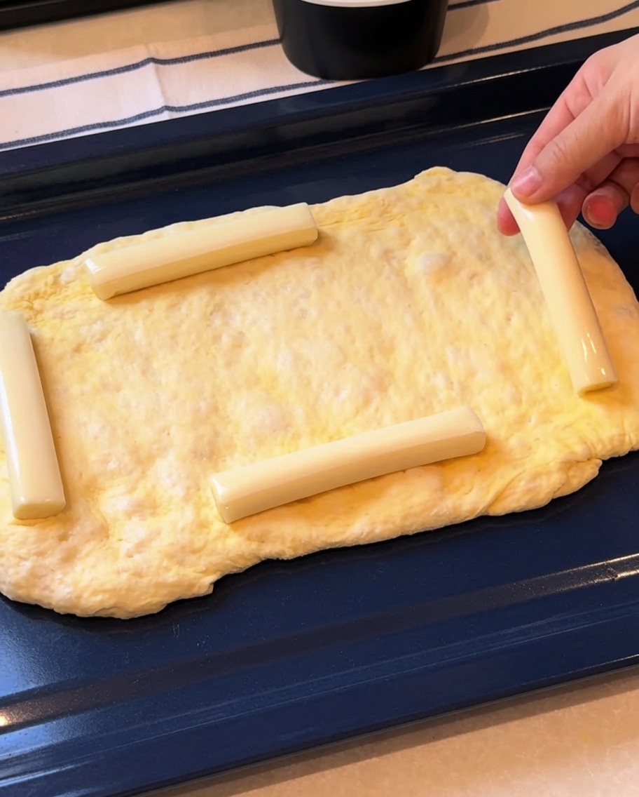 Mains repliant les bords de la pâte sur les bâtonnets de mozzarella pour former une croûte farcie.