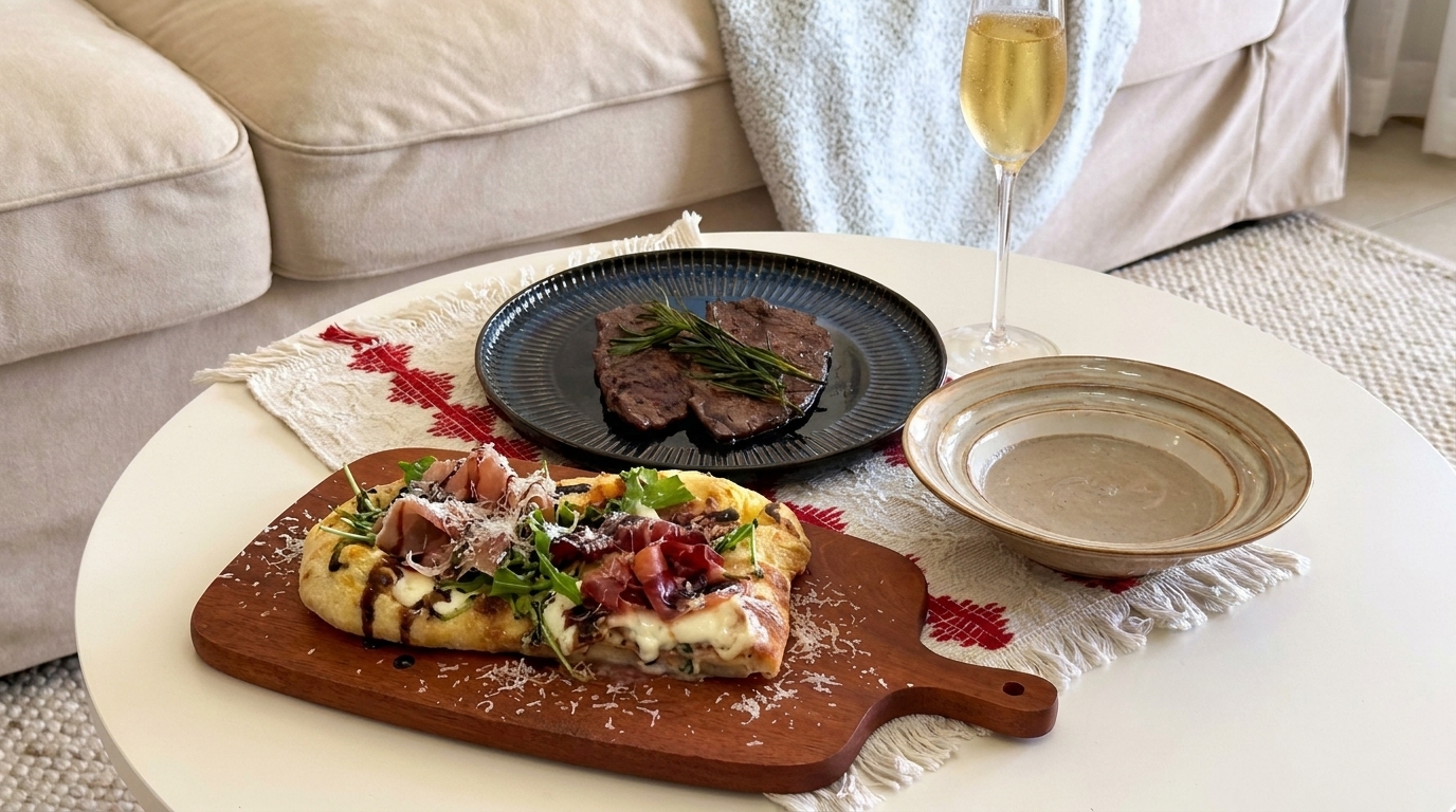 Pizza Italienne à la Burrata et Prosciutto avec Steaks Poêlés