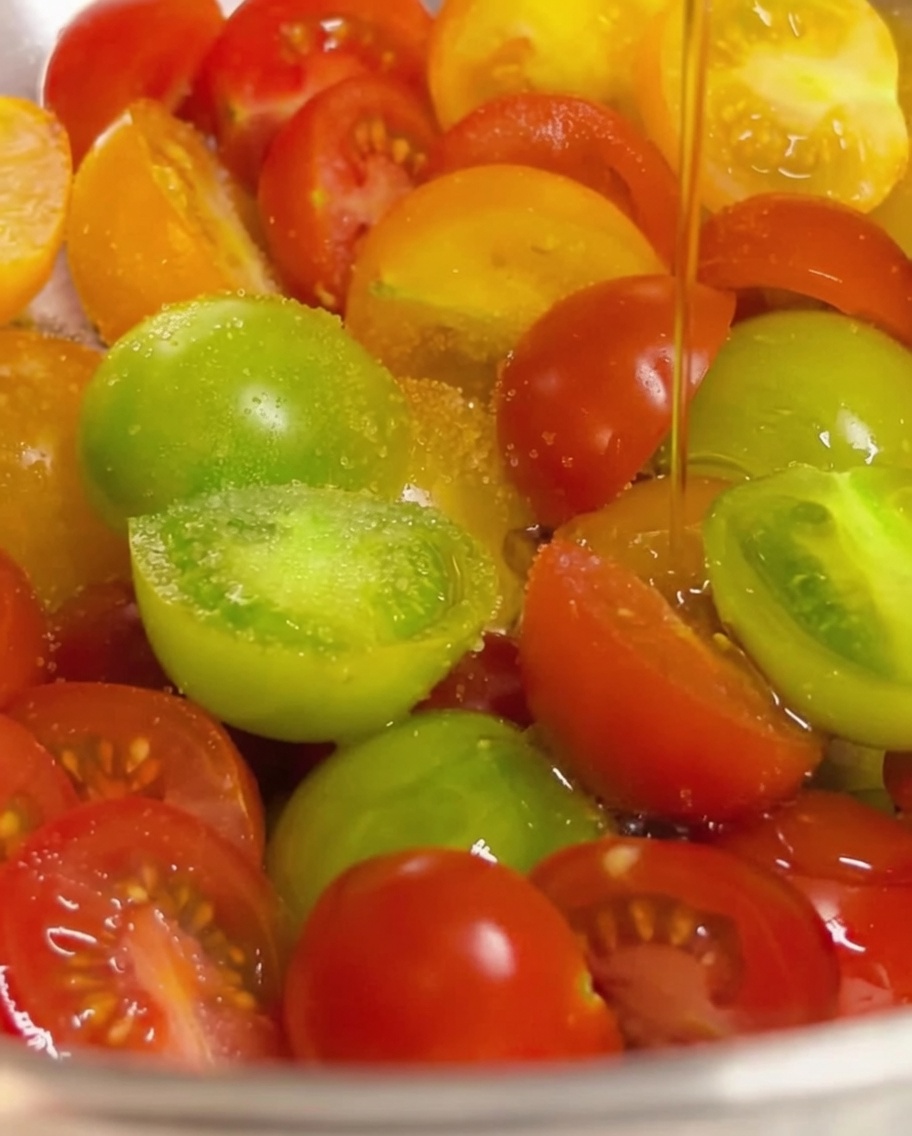 Un fin filet dhuile dolive versé sur un mélange coloré de tomates cerises coupées en deux et assaisonnées de sel.