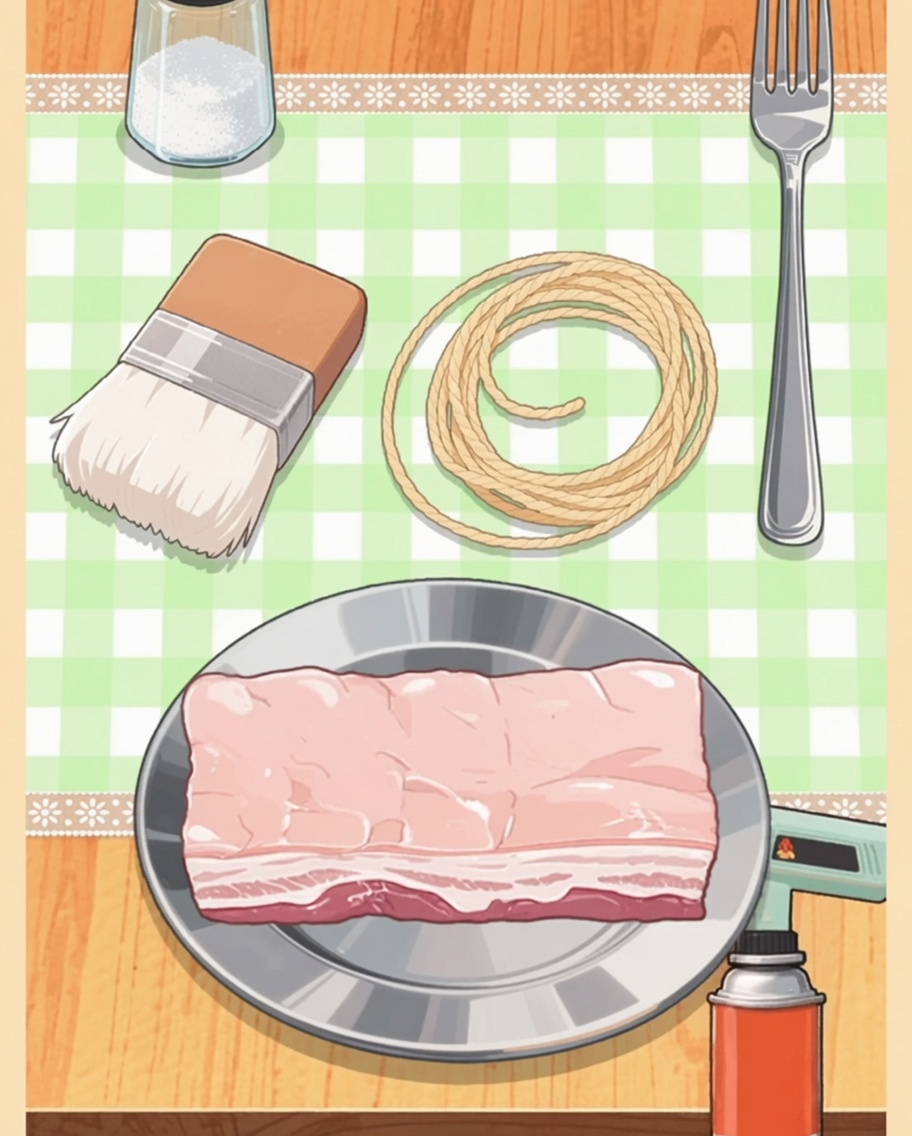 Un bloc de poitrine de porc assaisonné sur une assiette à côté dun chalumeau de cuisine.