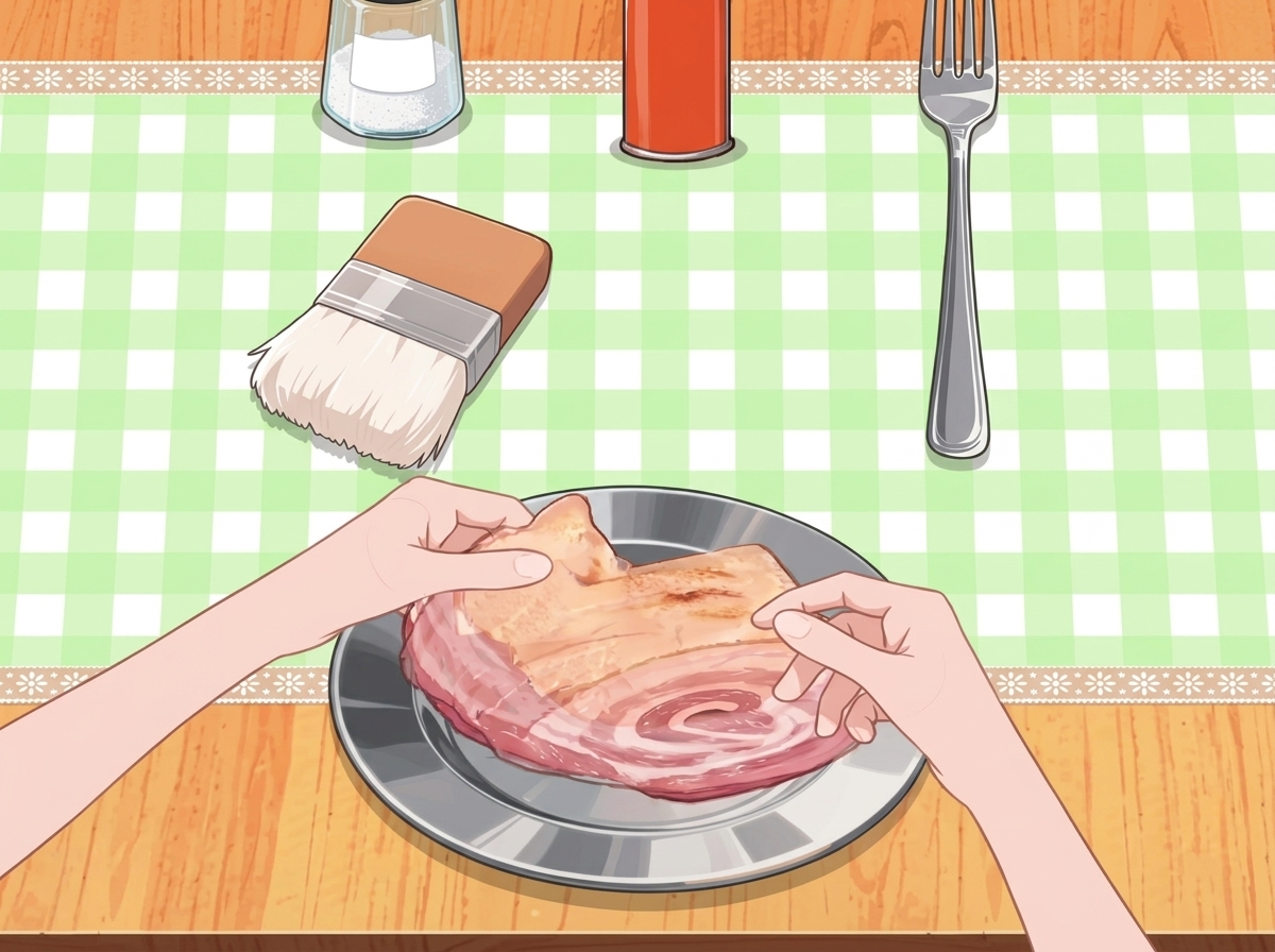 Des mains roulant étroitement un morceau de poitrine de porc saisi sur une assiette en métal.