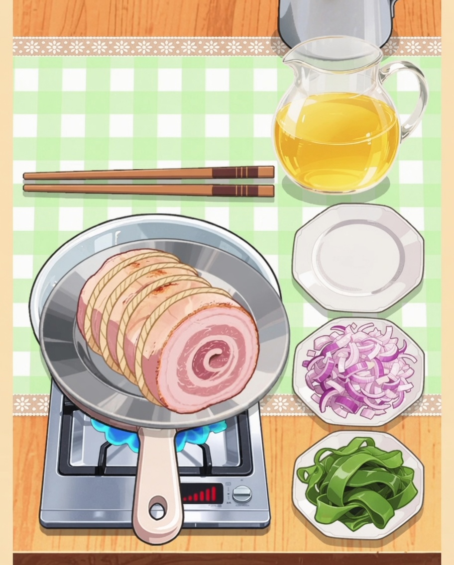 Un rouleau de poitrine de porc ficelé en train de cuire dans une poêle à côté de bols doignons et de légumes.