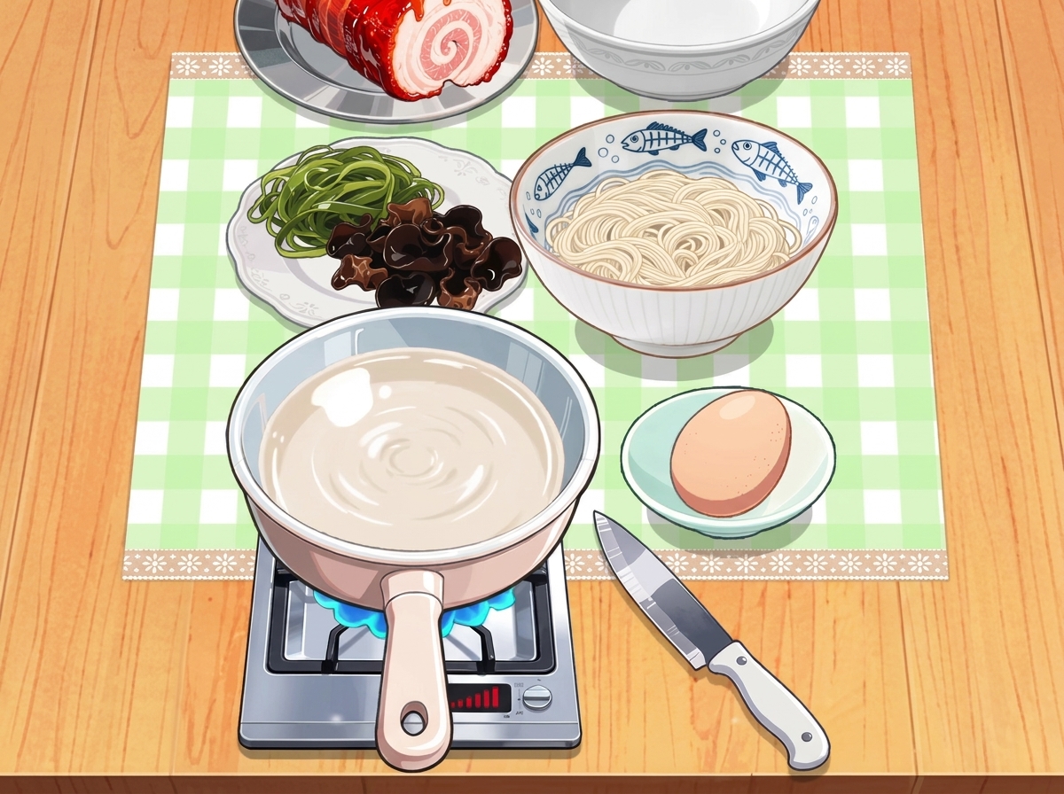 Une casserole de bouillon bouillant sur une cuisinière entourée dassiettes contenant des nouilles crues, des champignons, des légumes et un œuf.