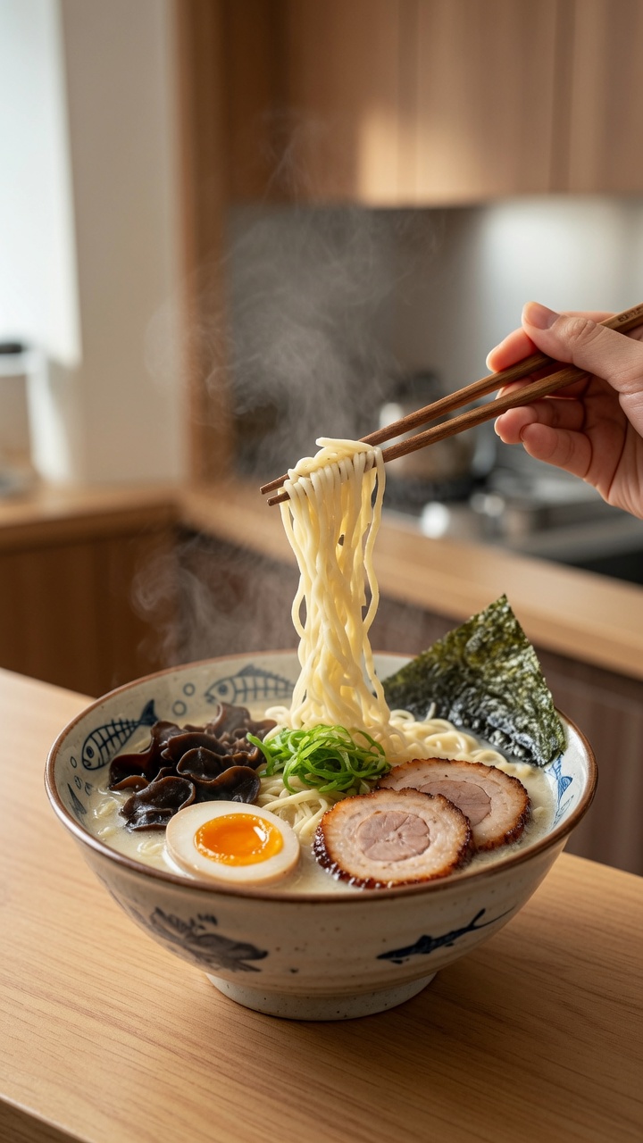 Un bol fumant de ramen Hakata Tonkotsu garni de tendre char siu, dun œuf mollet, de champignons wood ear et doignons frais.