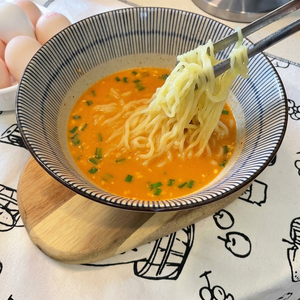 Un bol de ramen fini et garni dœufs mollets, de lanières dalgues et doignons verts.