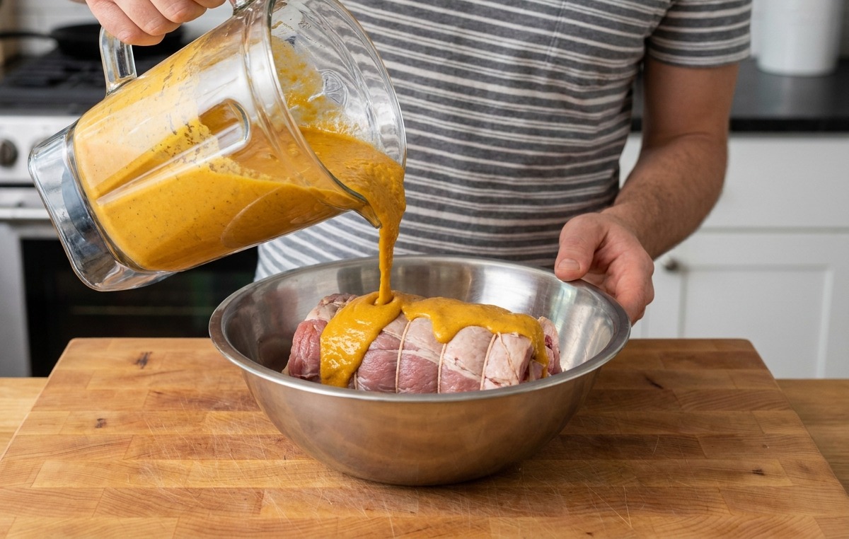 Verser une marinade de légumes orange depuis un blender sur une poitrine de porc ficelée dans un bol en métal.