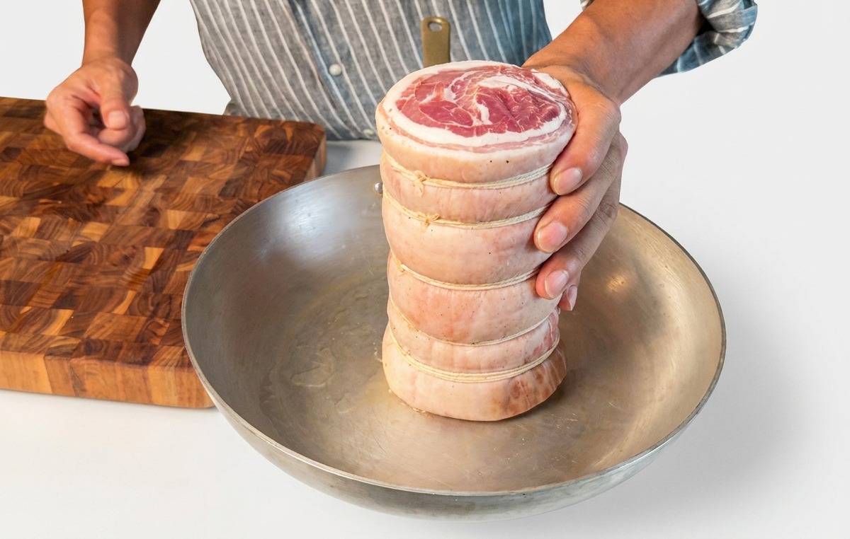 Maintenir un rouleau de poitrine de porc à la verticale dans une poêle à fond plat chauffée pour saisir les extrémités.