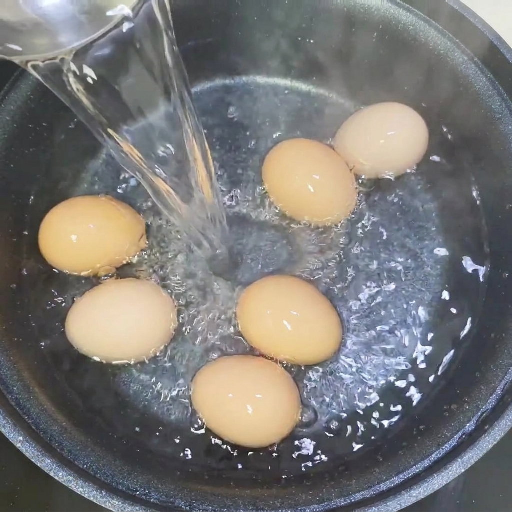 Des œufs en train de bouillir dans une casserole sur la plaque de cuisson.