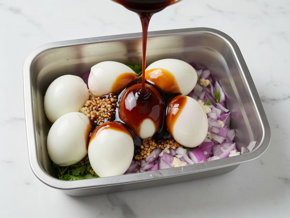 Un filet de sauce soja sombre versé sur des œufs bouillis blancs et des aromates hachés à lintérieur dun récipient en inox.