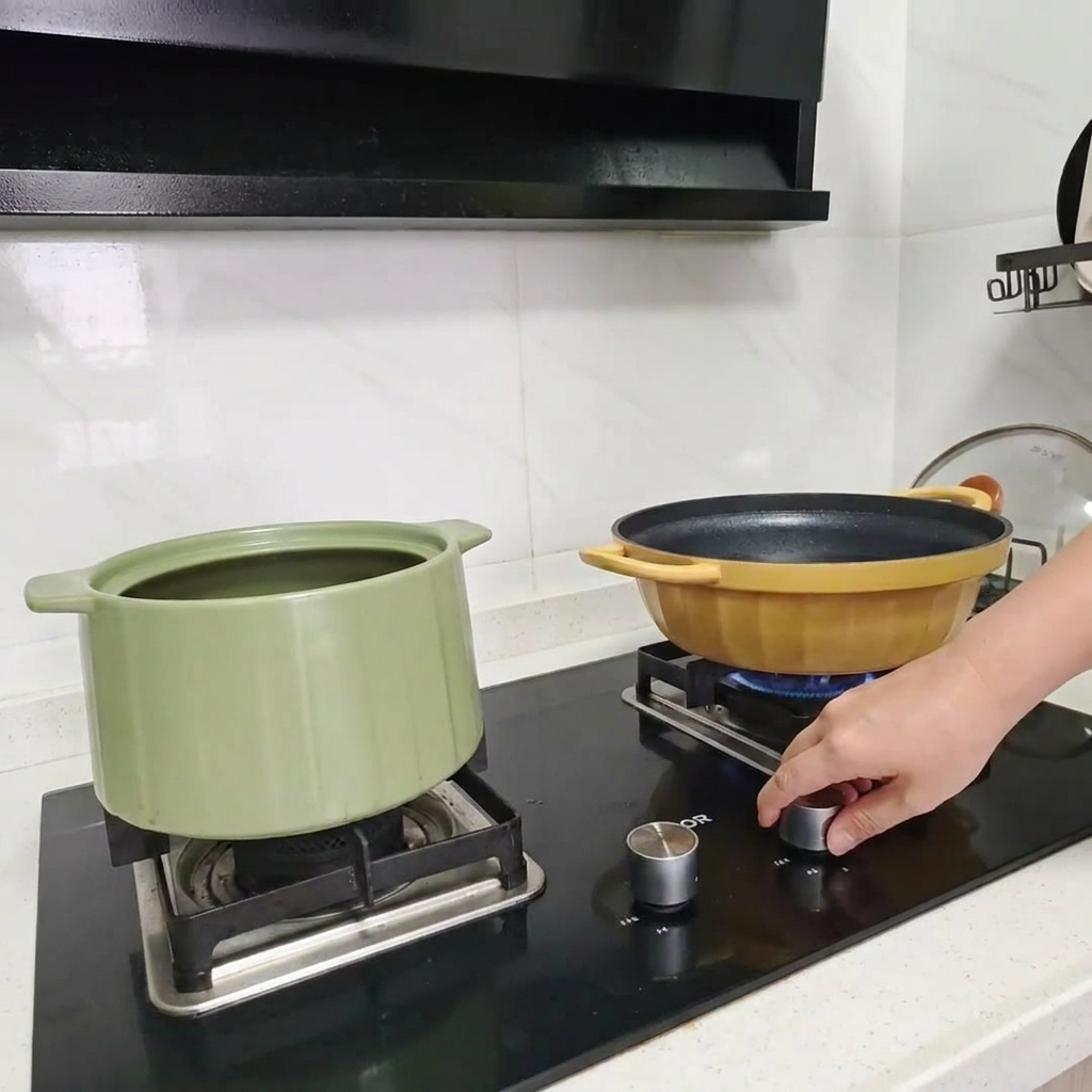 Des galettes de nouilles séchées enroulées plongées dans une casserole deau bouillante sur une cuisinière.