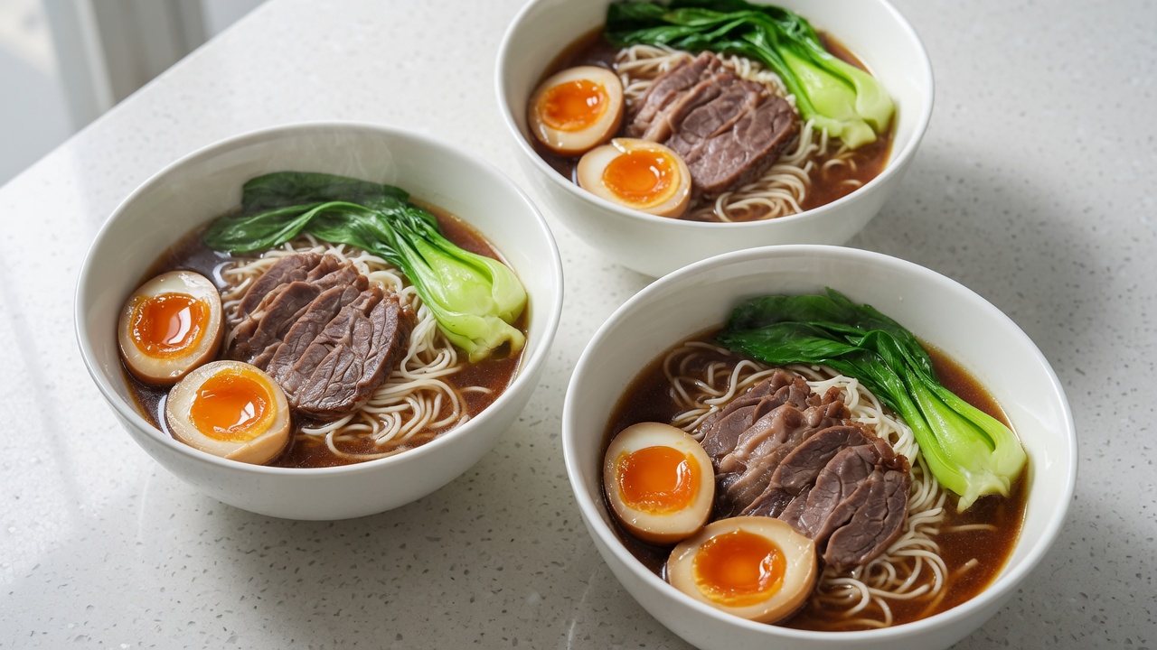 Soupe de nouilles au jarret de bœuf braisé et œufs mollets