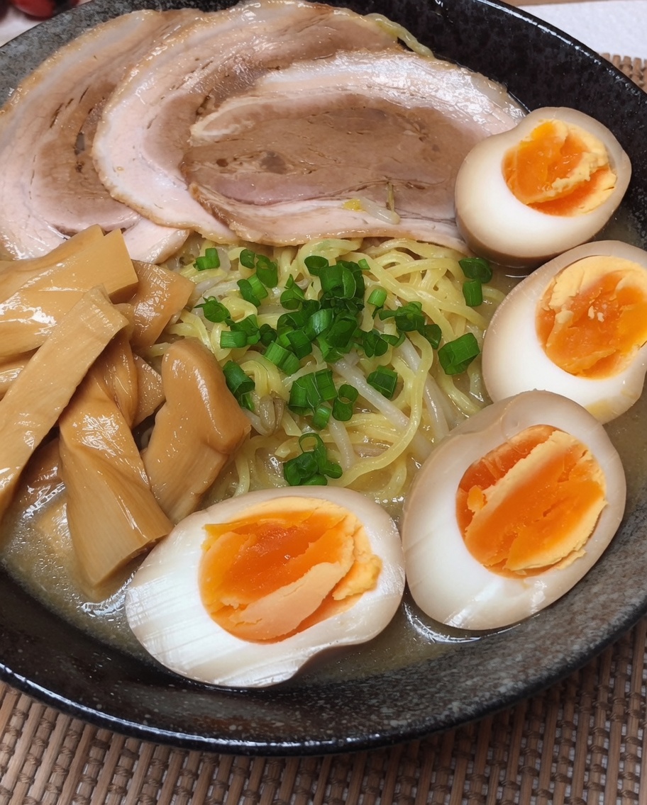 Le bol de ramen finalisé saupoudré doignons verts.