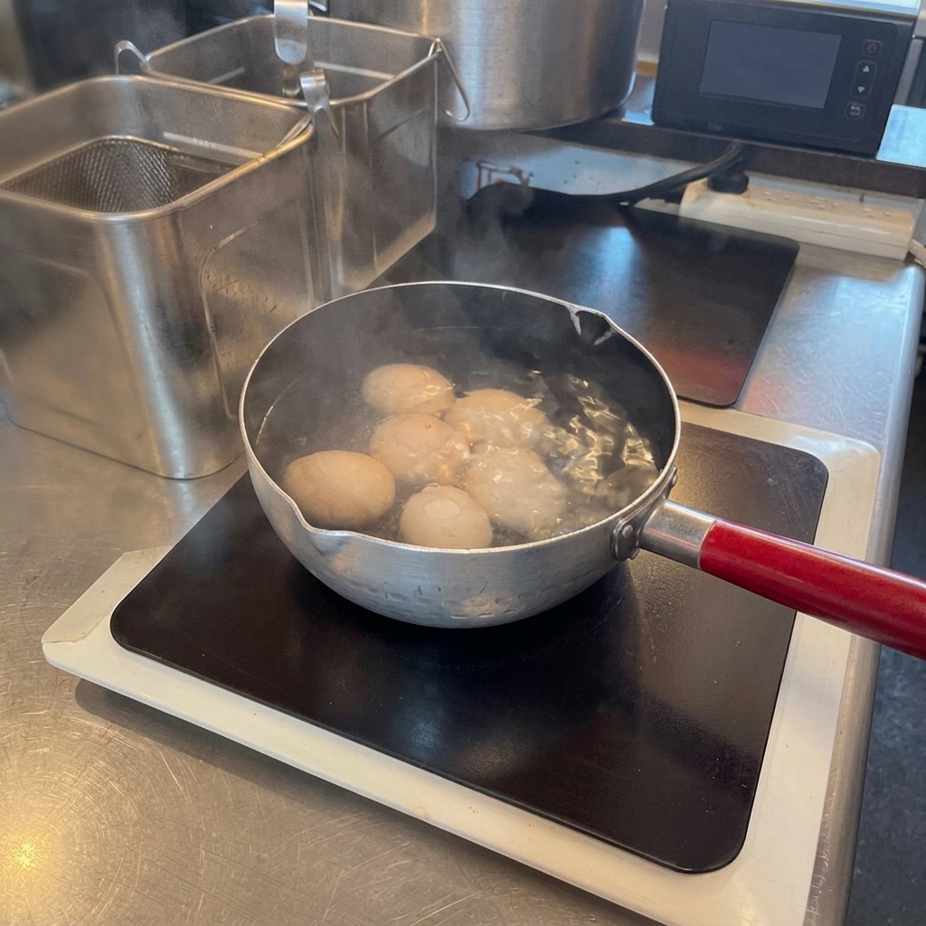 Œufs bouillis plongés dans un bain deau glacée pour arrêter la cuisson.