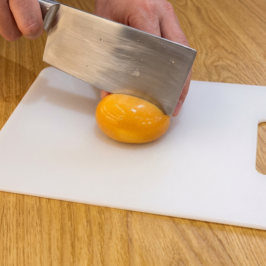 Couteau de cuisine tranchant un œuf mariné brun brillant en deux sur une planche à découper.