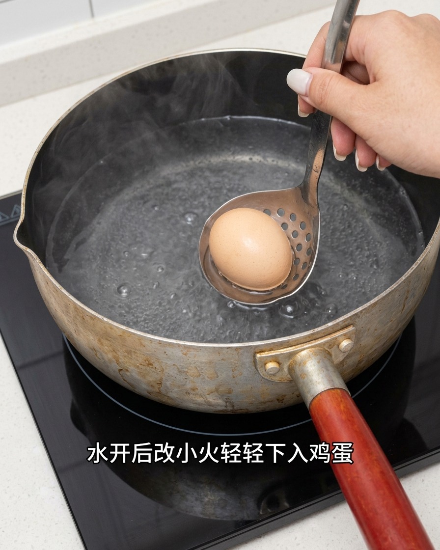 Un œuf cru délicatement plongé dans une casserole deau frémissante avec une écumoire en métal.
