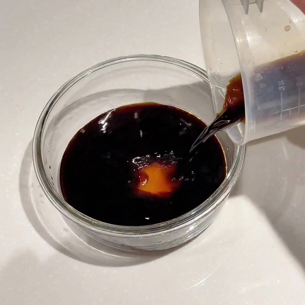 De leau claire versée dans un bol contenant de la sauce soja sombre.