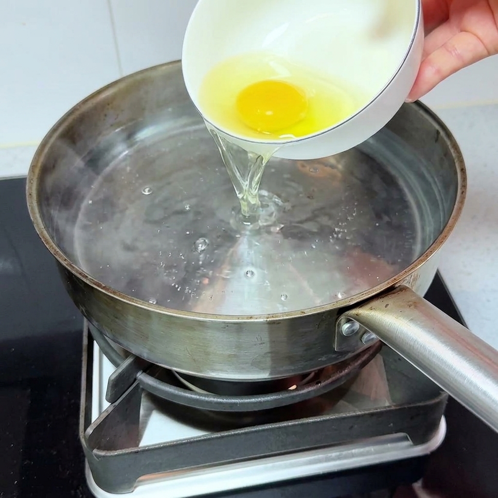 Un petit bol blanc versant un œuf cru et un liquide clair dans une casserole en acier inoxydable remplie deau bouillante.