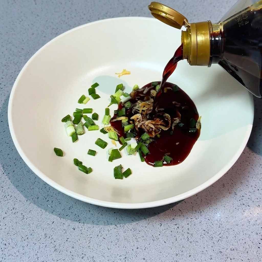Verser de la sauce soja foncée depuis une bouteille dans un bol contenant déjà de la cébette, des crevettes séchées et une petite quantité de sauce soja claire.