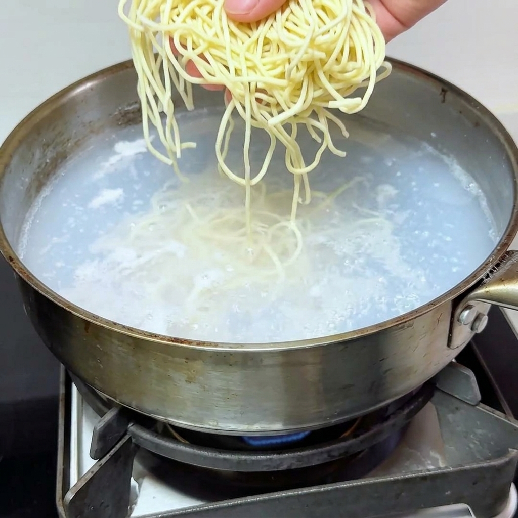 Des nouilles fraîches sont déposées dans une casserole deau bouillante sur une cuisinière.