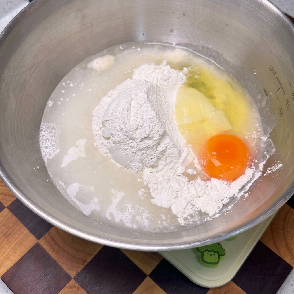 Un fouet mélange de la farine, un œuf et de leau dans un bol en inox jusquà obtenir une pâte lisse et jaune pâle.