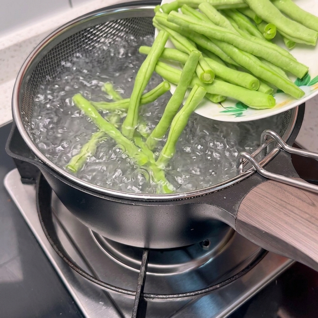 Une passoire en métal plongeant des haricots verts frais dans une grande casserole deau bouillante.