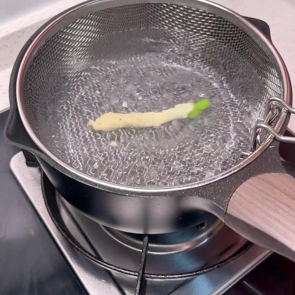 Un haricot enrobé de pâte flottant dans une casserole deau bouillante.