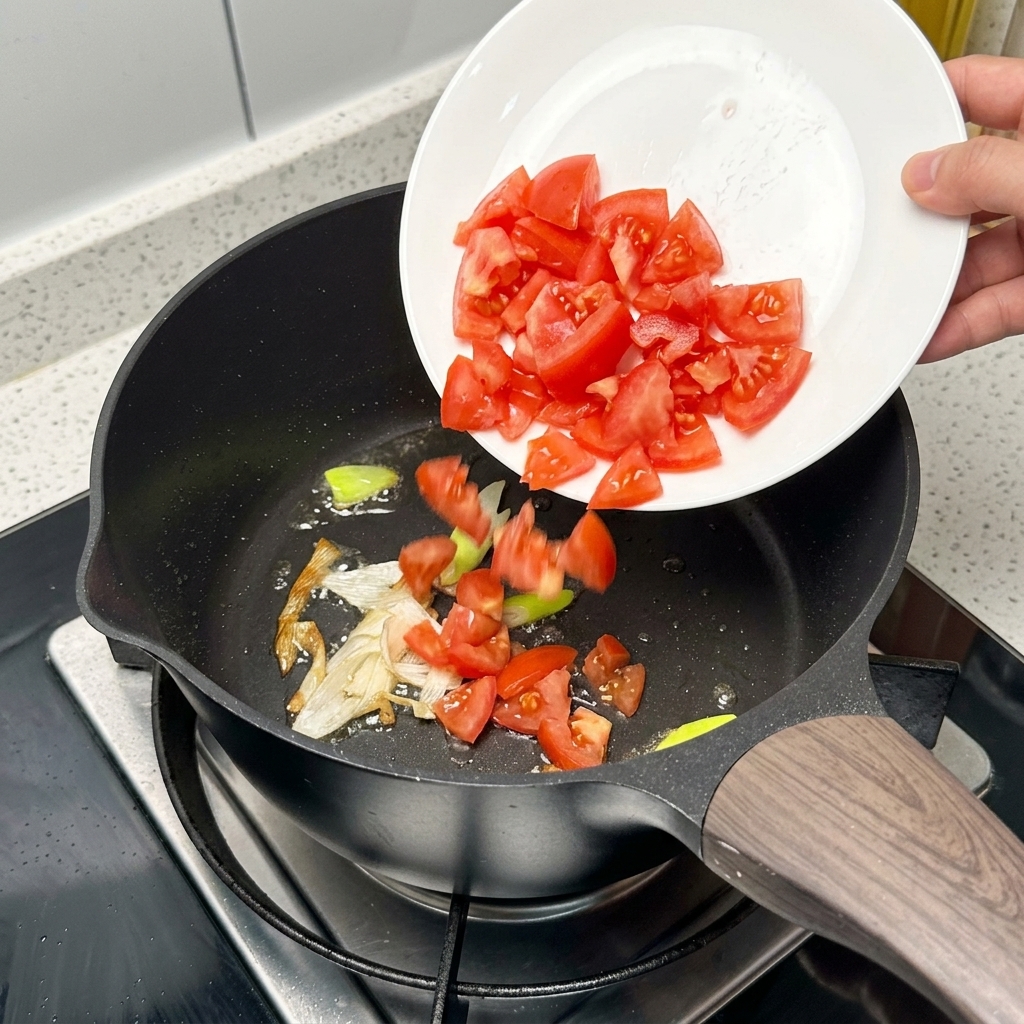 Des tomates hachées ajoutées dans une poêle avec des oignons verts sautés.
