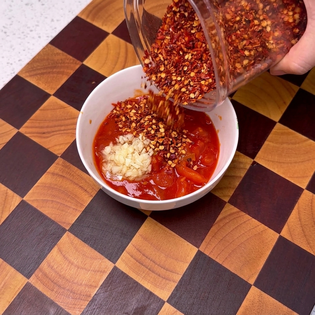 Gros plan sur un bol de sauce tomate où lon ajoute de lail haché, du piment, du sésame et du sucre.