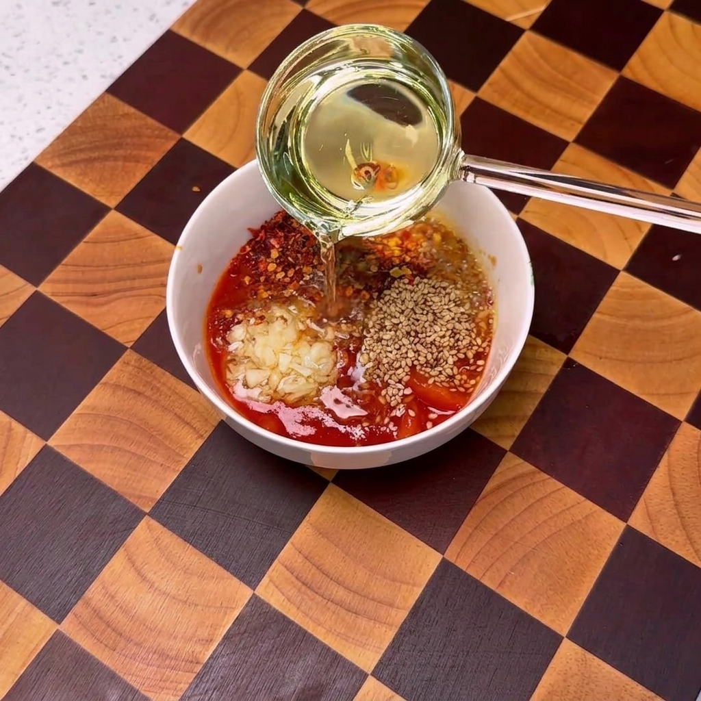 De lhuile chaude versée sur le mélange de sauce tomate, ail et épices, créant un effet de grésillement.