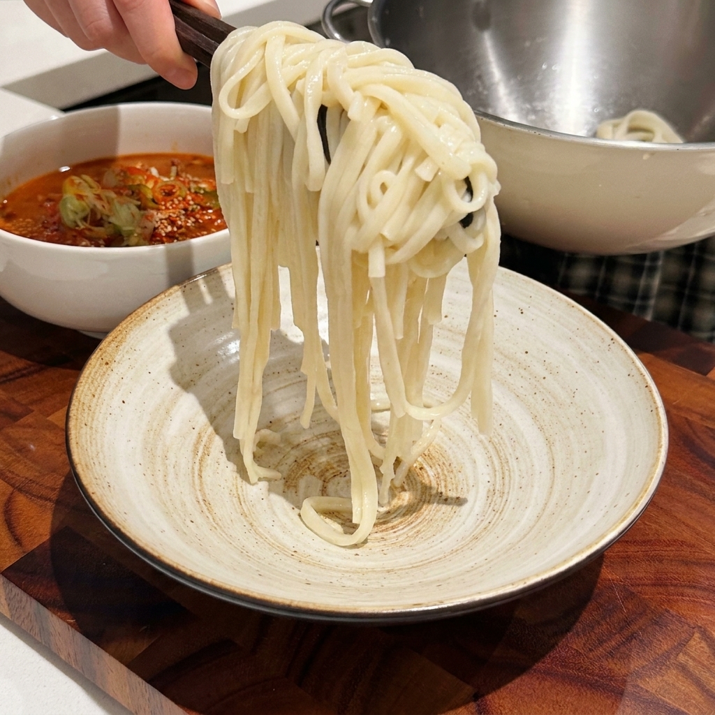 Gros plan sur des nouilles Udon soulevées dune casserole à laide de pinces et transférées dans un bol de service en céramique.