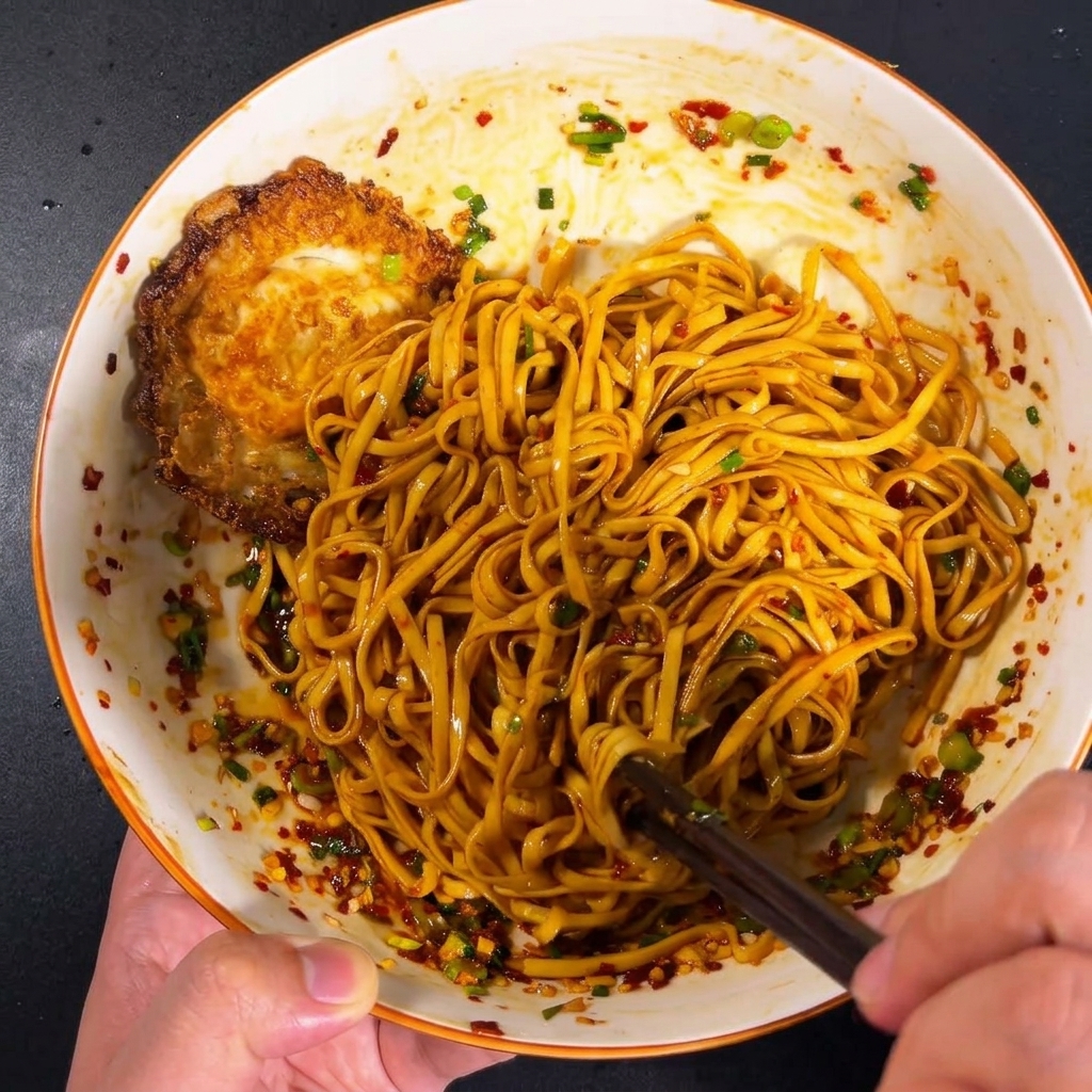 Nouilles cuites dans un bol en train dêtre mélangées avec la sauce à lail et au piment avec des baguettes.