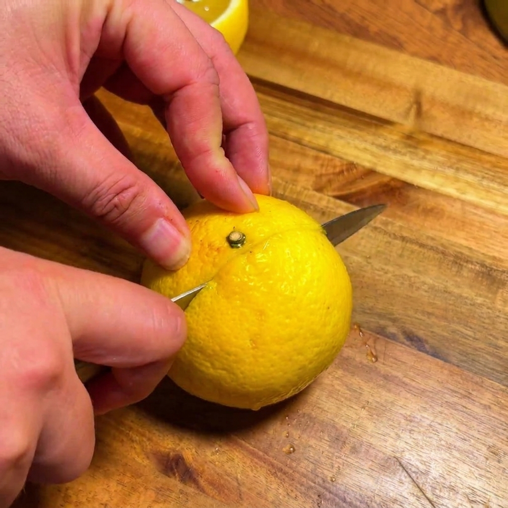 Gros plan sur un couteau coupant un yuzu frais et jaune vif en deux sur une planche à découper en bois.