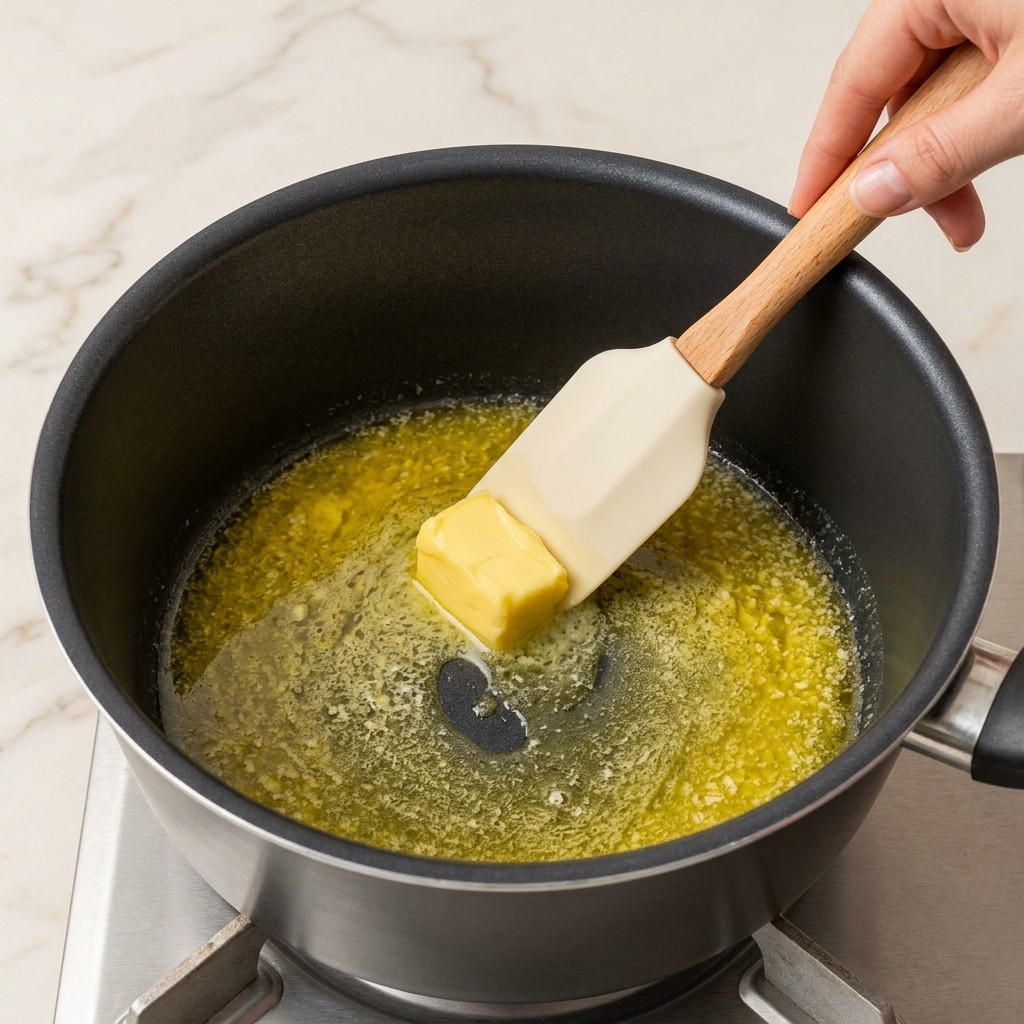 Une spatule en bois remuant du beurre, du lait, de la farine et des tranches de fromage dans une casserole jusquà obtenir une sauce jaune épaisse et lisse.